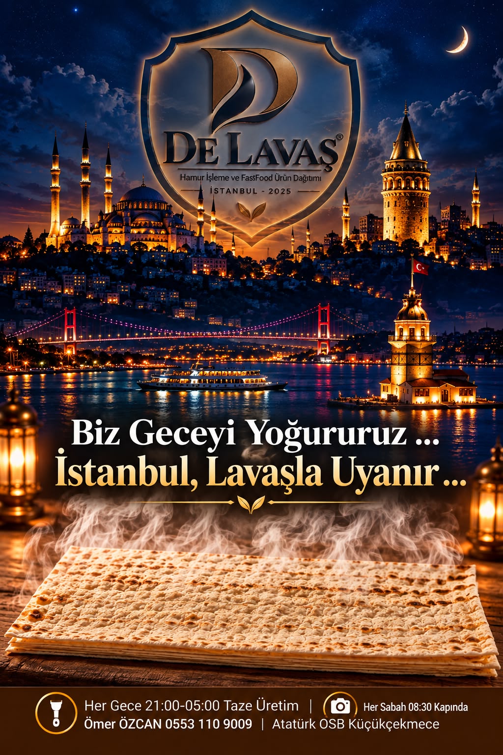 Gece İstanbul manzarası önünde De Lavaş logosu ve lavaş